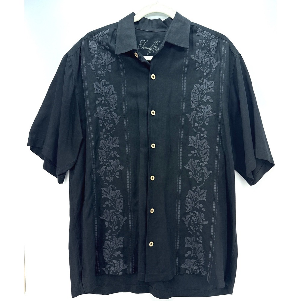 Tommy Bahama Mens Black Silk Floral Embroidered Shirt Sz L Resort Yacht Rock